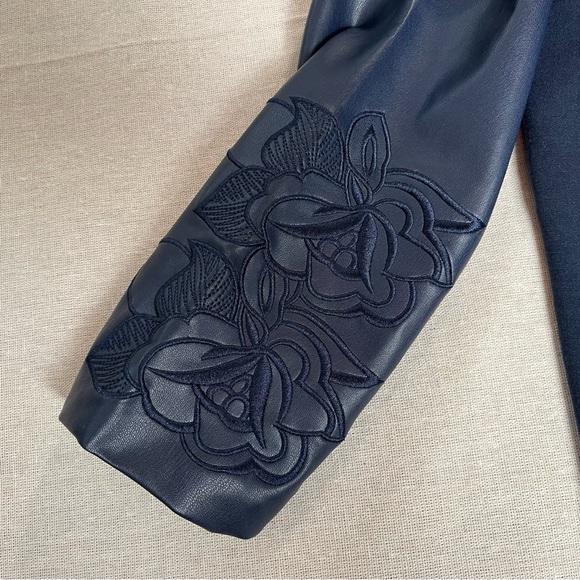 Christopher & Banks | Navy Zip-Up Faux Leather Floral Embroidered Jacket | PXL - Picture 6 of 13